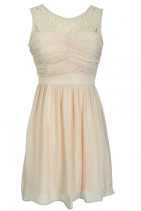 Laser Cut Chiffon Dress in Bone